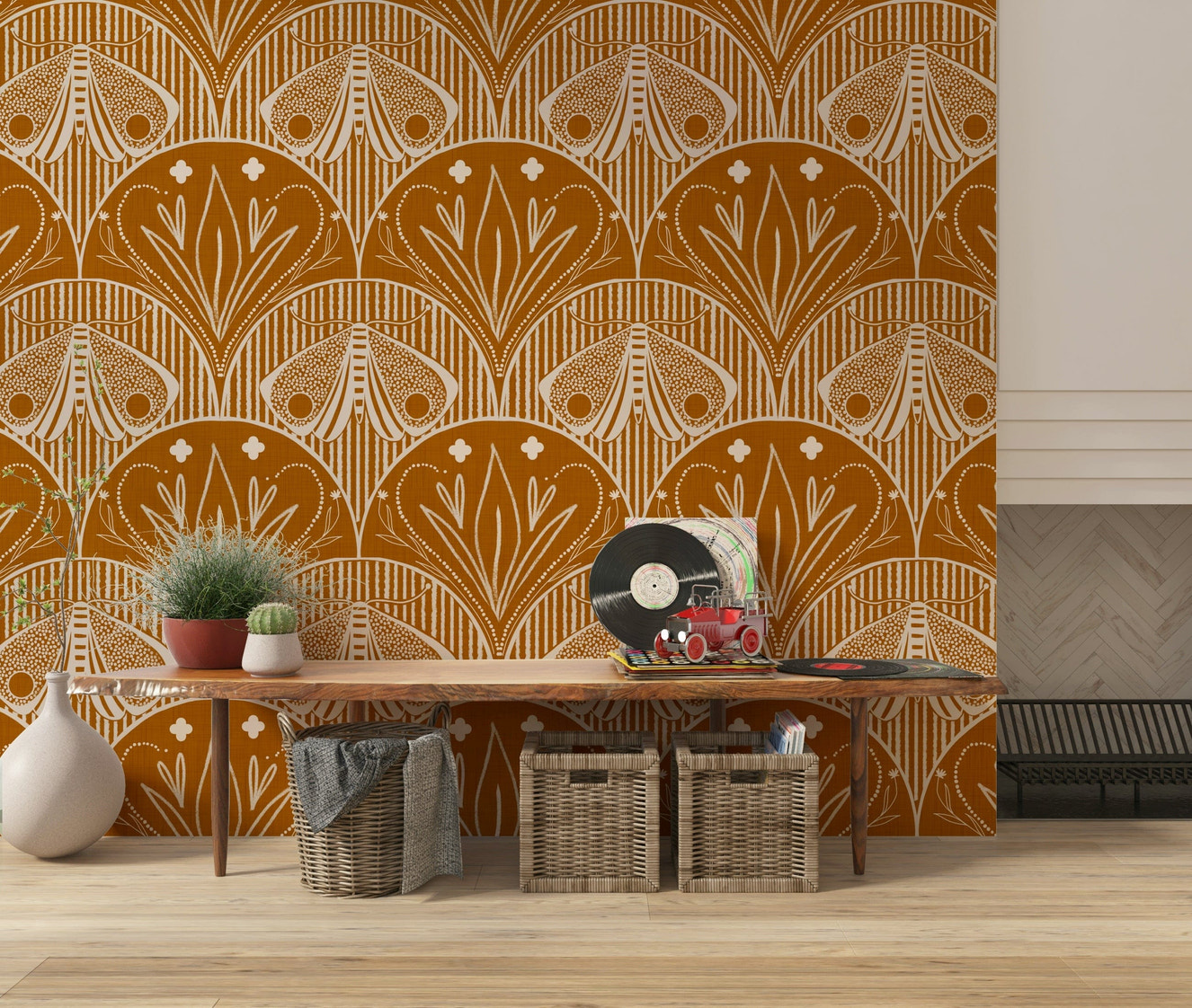 Boho Art Nouveau Scallop Butterfly Floral in Burnt Orange Wallpaper⁠