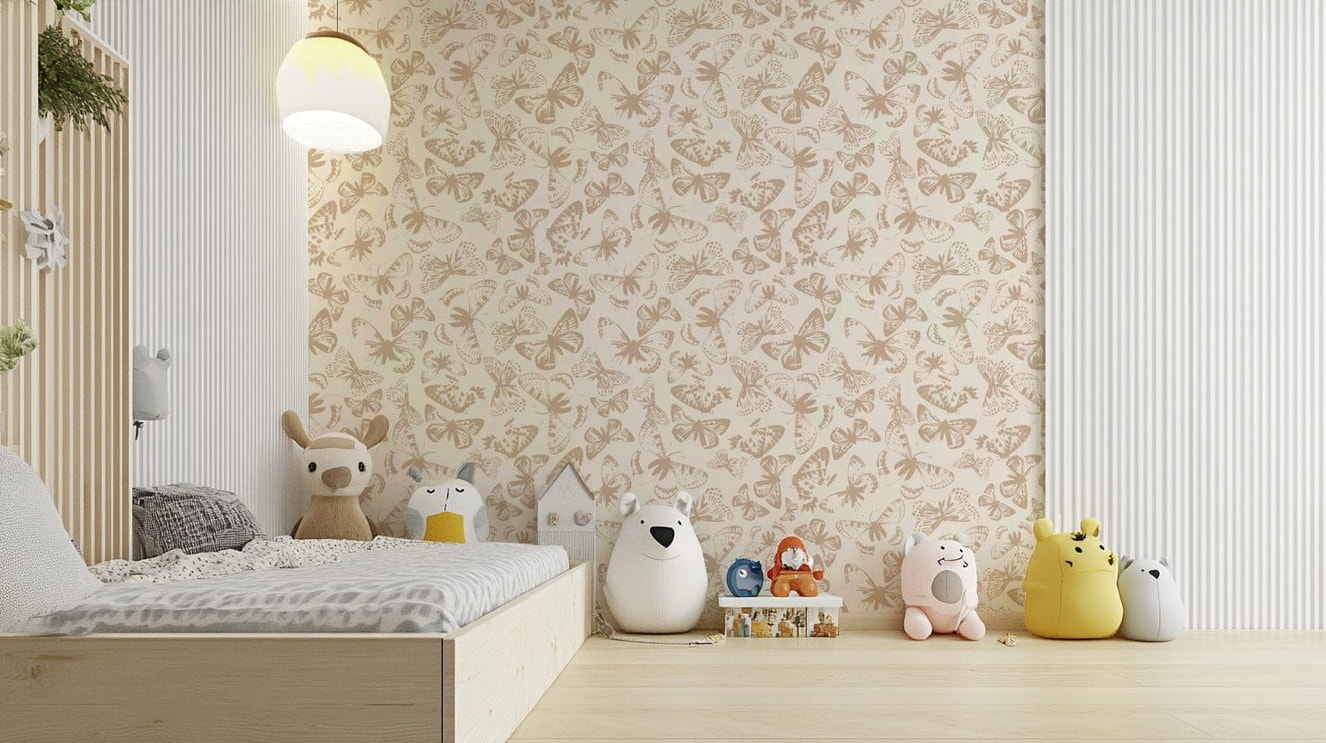 A full-wall mural showing a pattern of butterflies.
