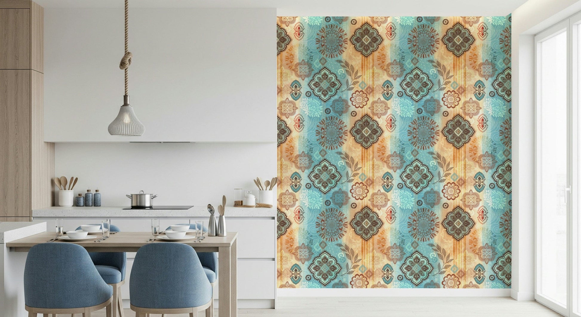 Wall mural featuring abstract boho designs in terracotta, ochre, and cream hues.