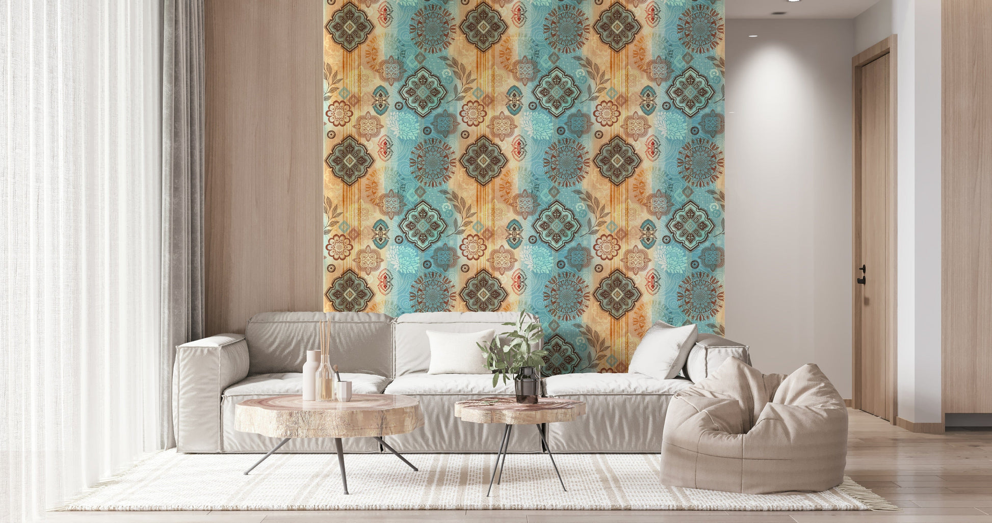 Stylish wallpaper showcasing boho patterns in muted, earthy colors for modern interiors.