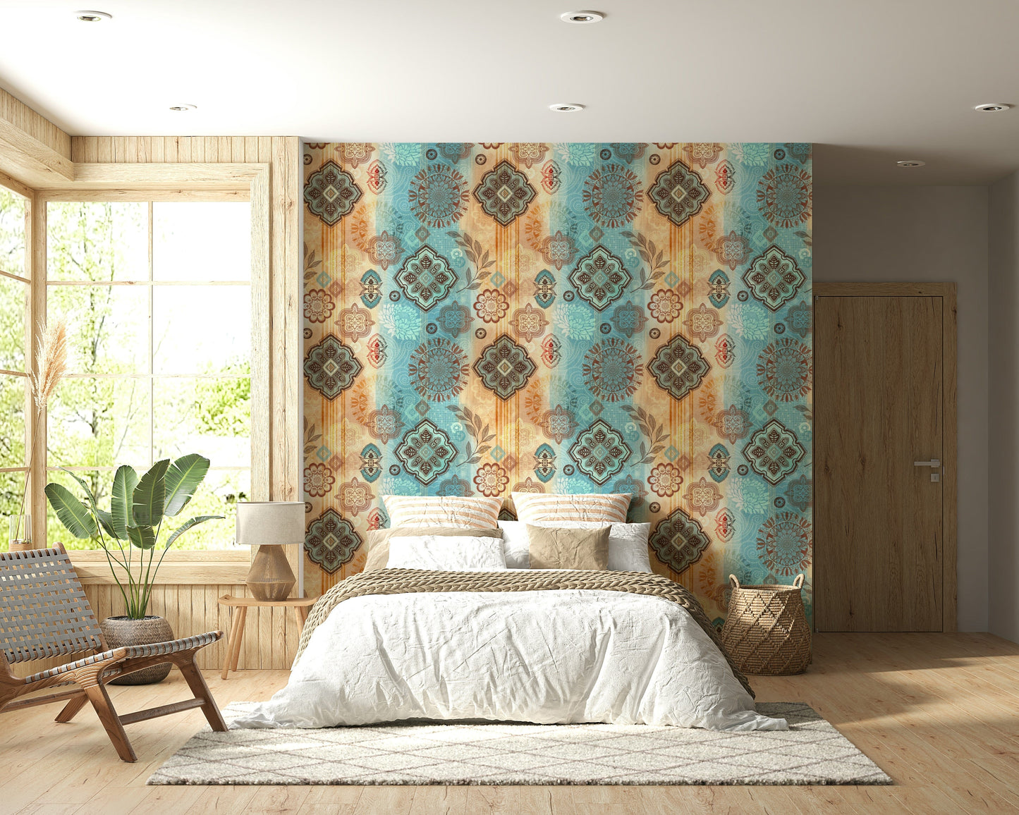 Decorative wall mural with boho-inspired designs in earthy beige, terracotta, and brown shades.