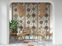 Boho Charms wallpaper behind bentwood chairs and rattan pendant lights in a tiled cafe dining nook