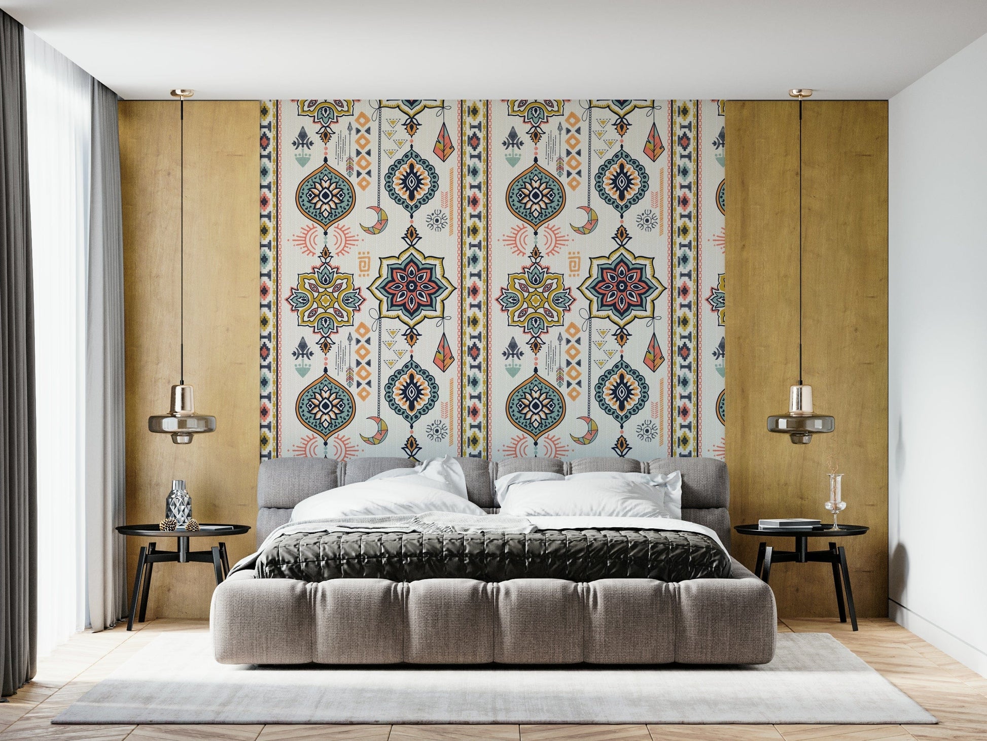 Boho Charms wallpaper above a grey upholstered bed framed by wood panels in a warm bedroom