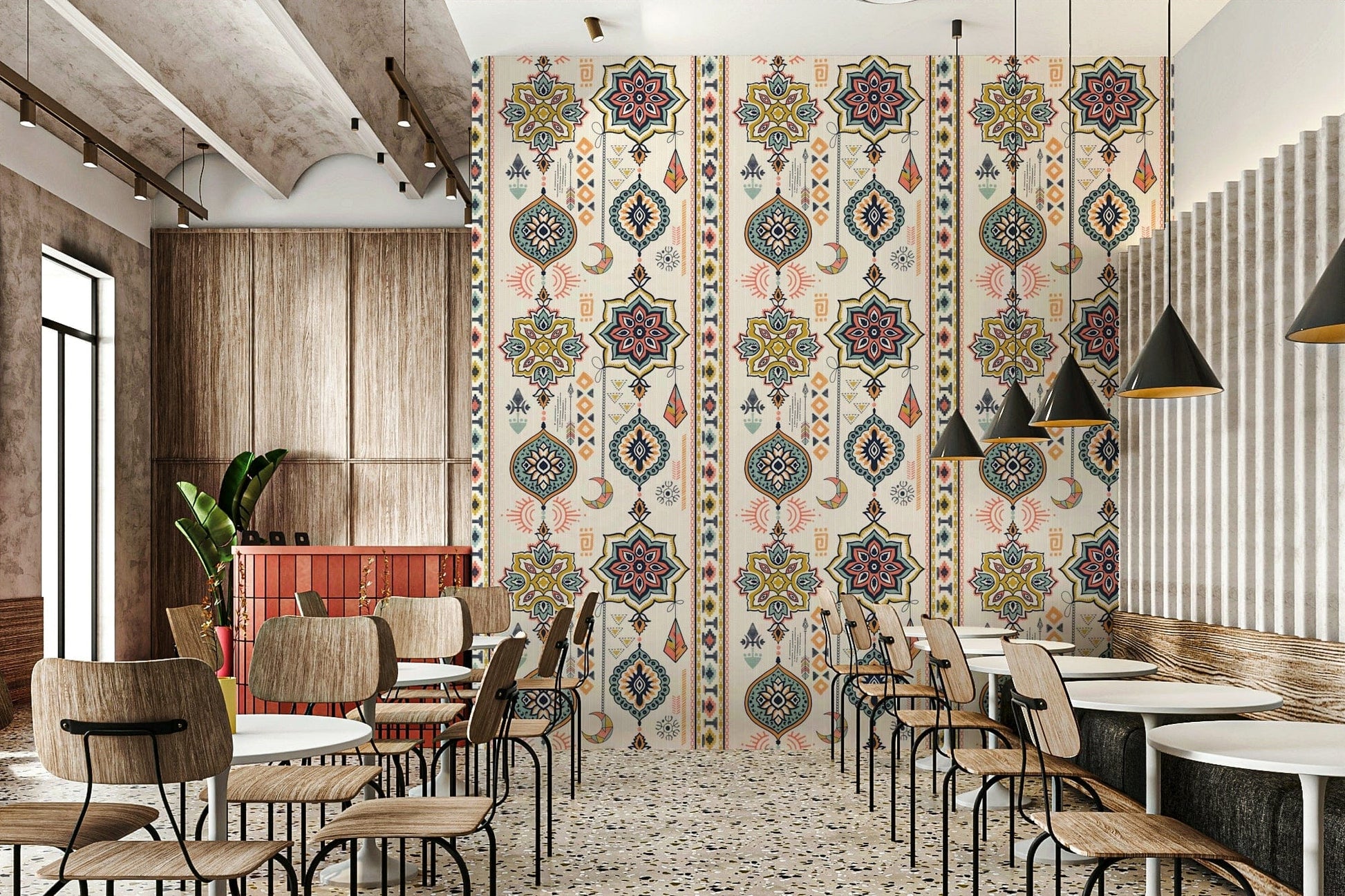Boho Charms wallpaper with colourful medallions in a modern cafe with wood chairs and terrazzo floor