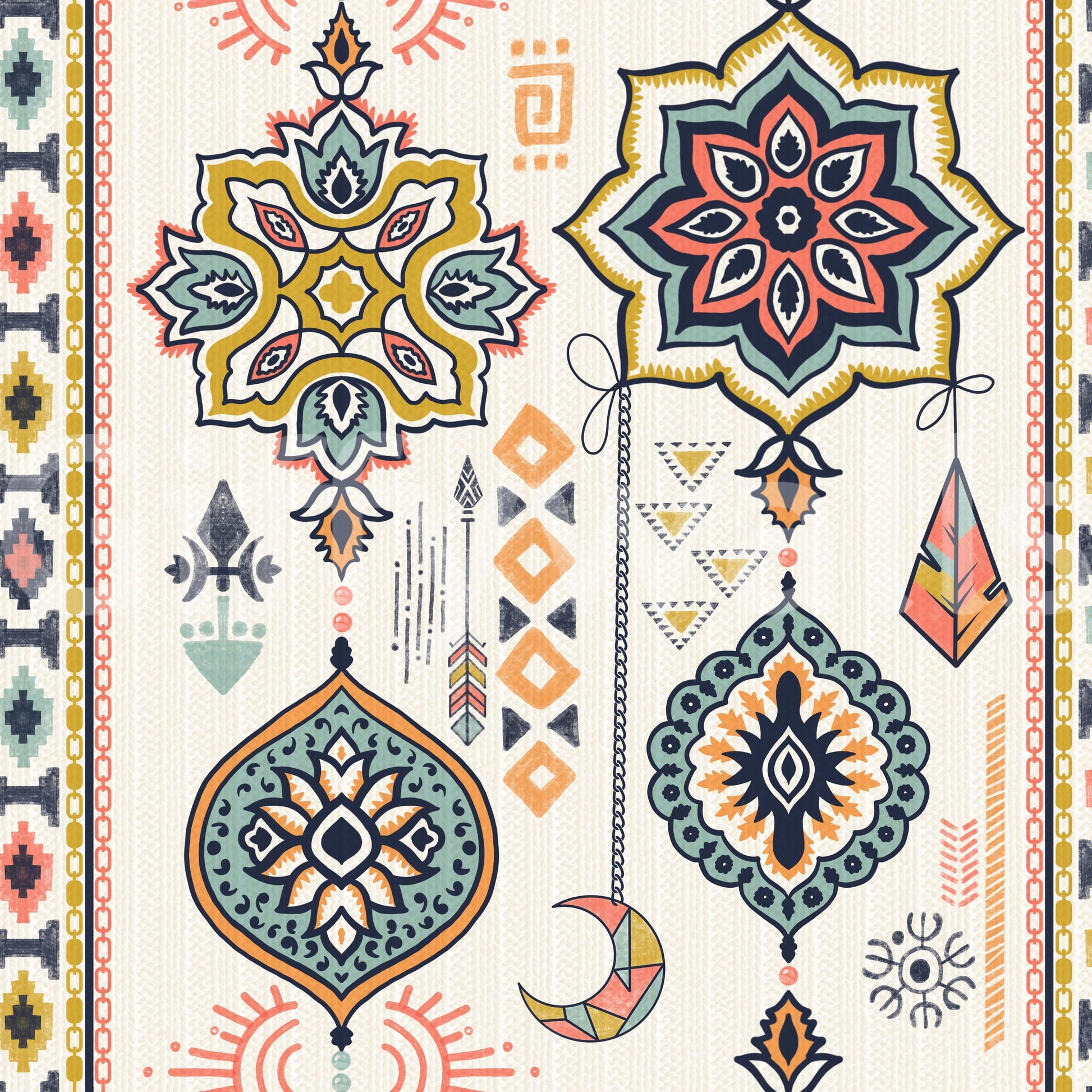 Boho Charms wallpaper close-up showing gold, teal and coral mandala medallions with crescent motifs