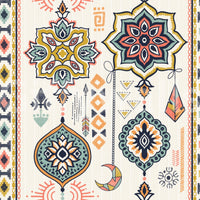 Boho Charms wallpaper close-up showing gold, teal and coral mandala medallions with crescent motifs