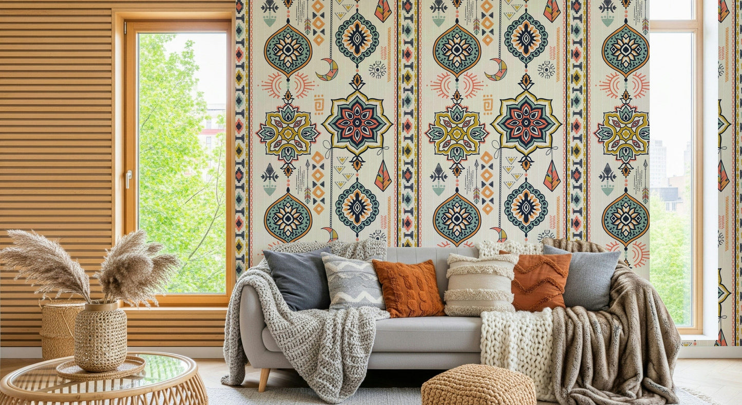 Boho Charms wallpaper behind a grey sofa with rust cushions and pampas grass in a cosy living room