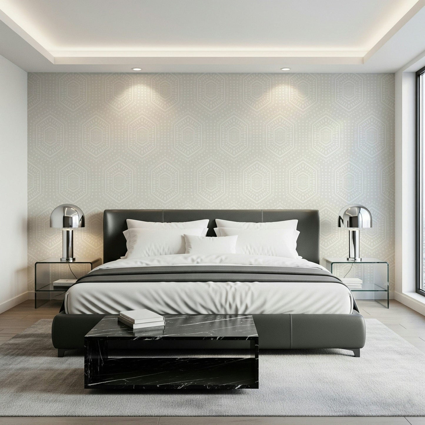 Geometric wallpaper with dotted and lined hexagon motifs