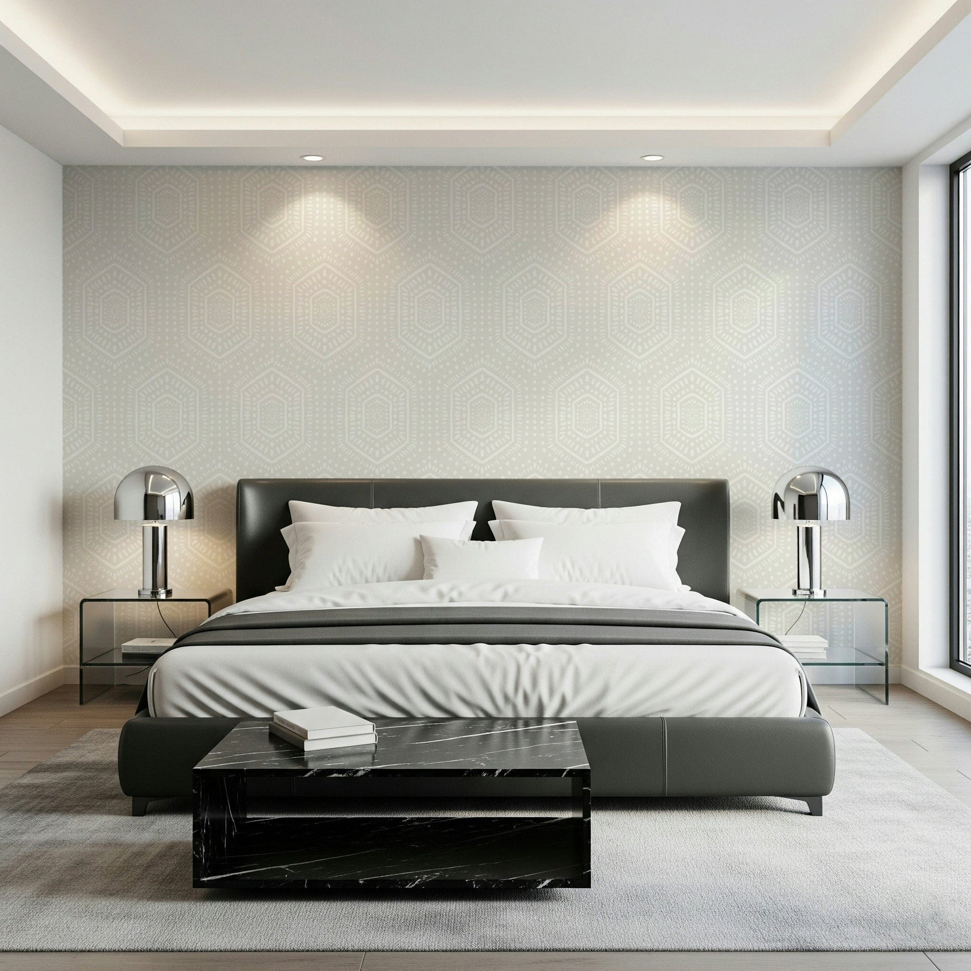 Geometric wallpaper with dotted and lined hexagon motifs