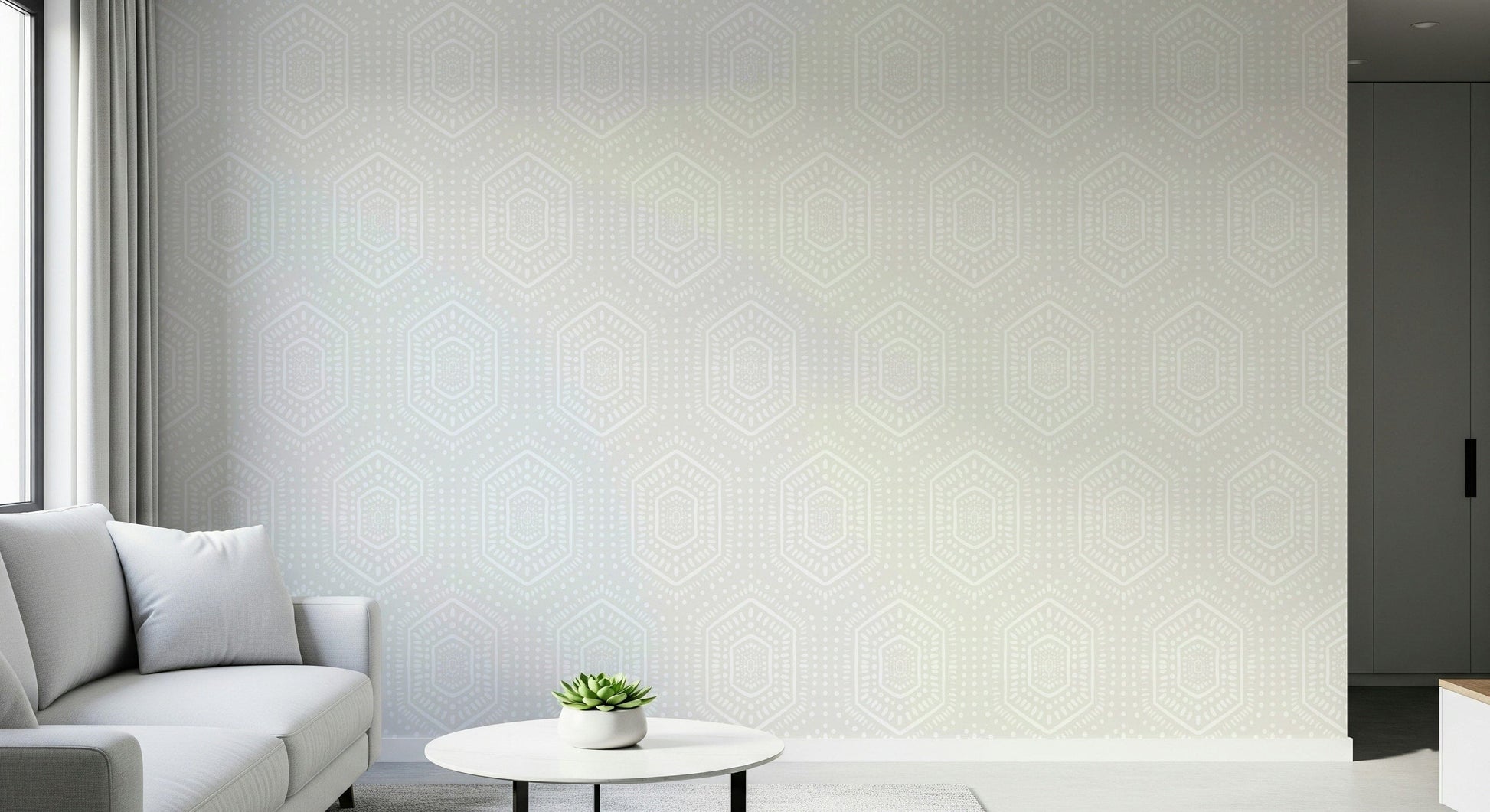 Rural rhythm wall mural in soft beige and white tones