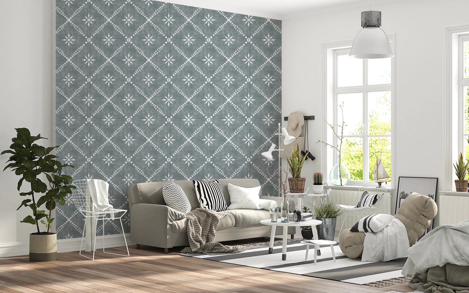 Boho Dotted Lattice Grunge Calming Blue Wallpaper⁠