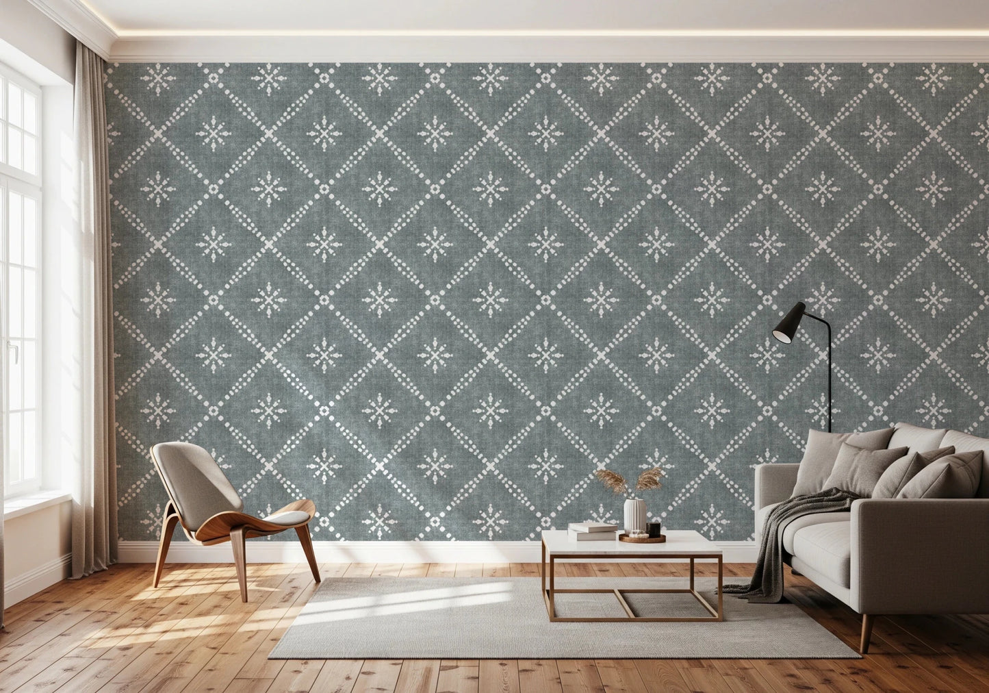 Boho Dotted Lattice Grunge Calming Blue Wallpaper⁠