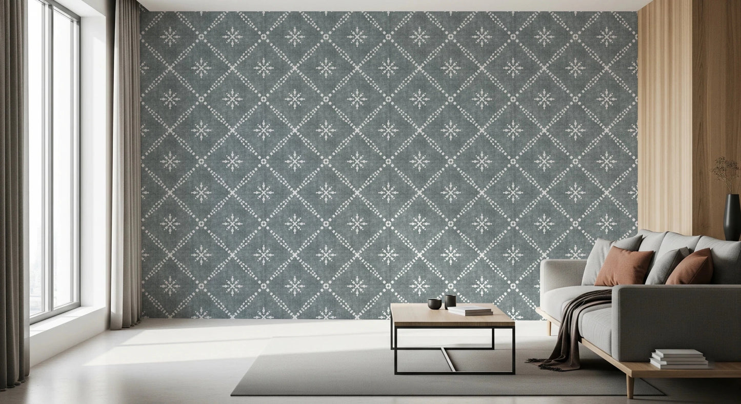 Boho Dotted Lattice Grunge Calming Blue Wallpaper⁠