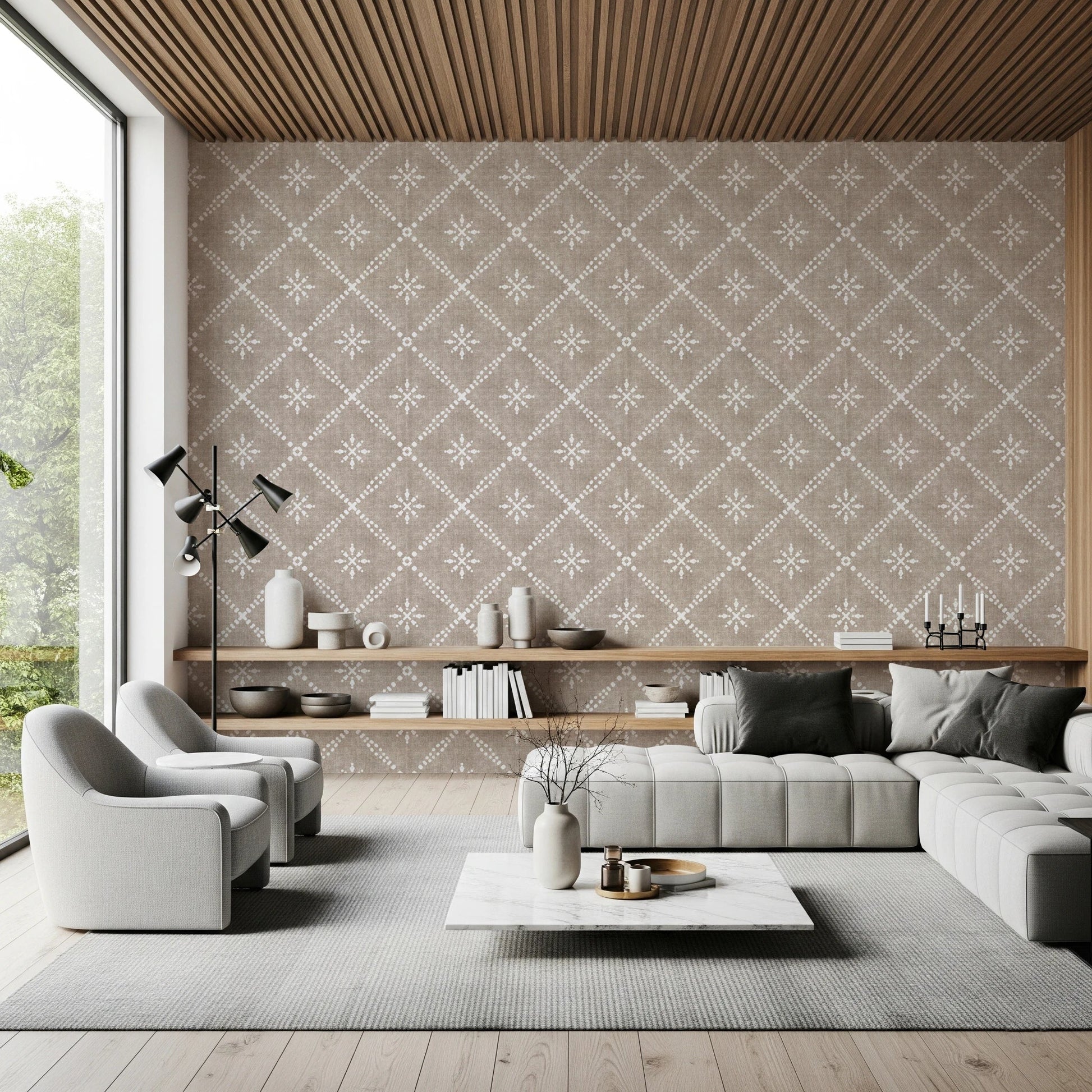 Boho Dotted Lattice Grunge Earthy Beige Wallpaper⁠