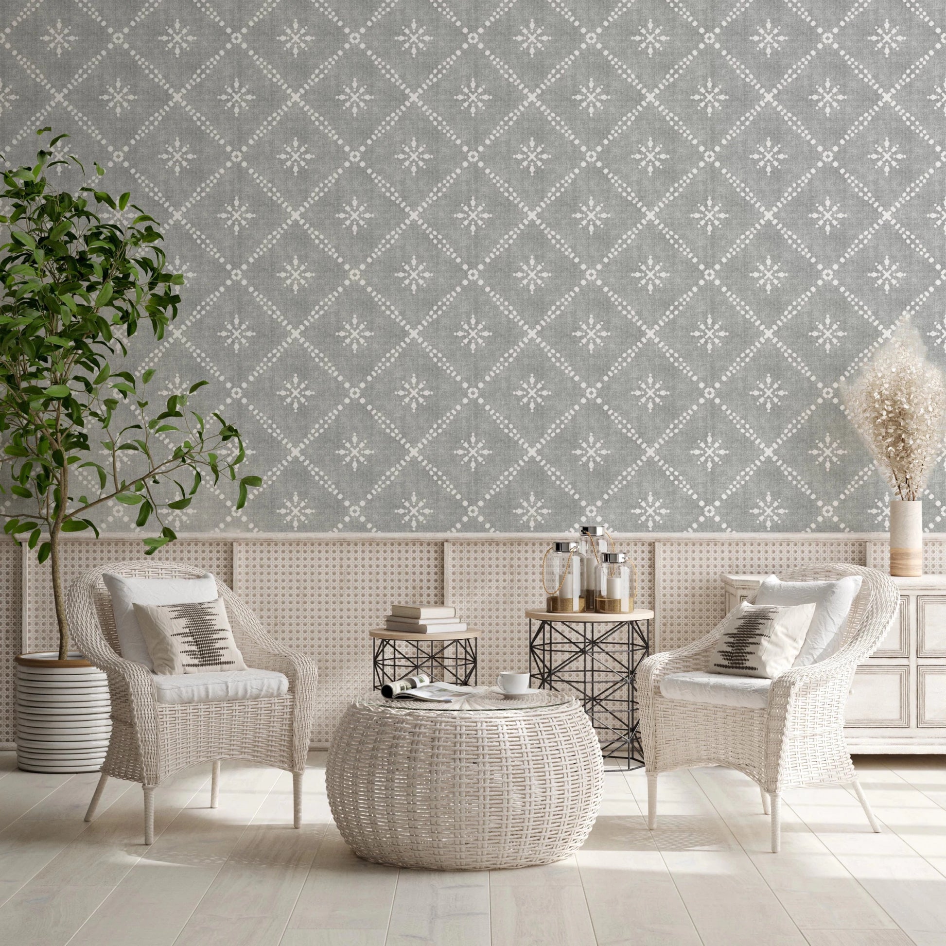 Boho Dotted Lattice Grunge Grey Clouds Wallpaper⁠