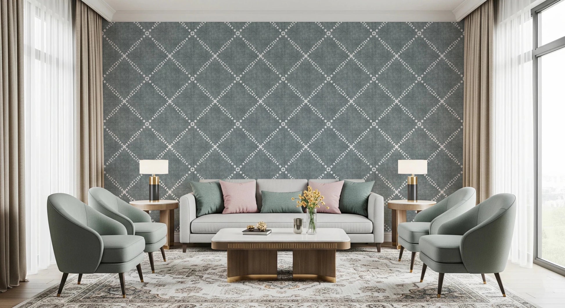 Boho Dotted Trellis Grunge Calming Blue Wallpaper⁠