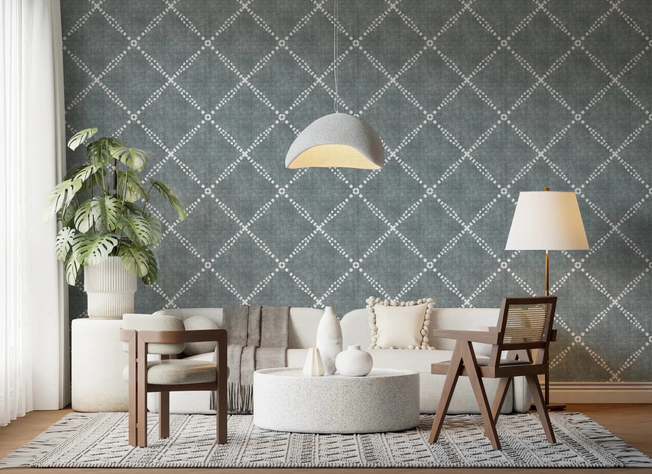 Boho Dotted Trellis Grunge Calming Blue Wallpaper⁠