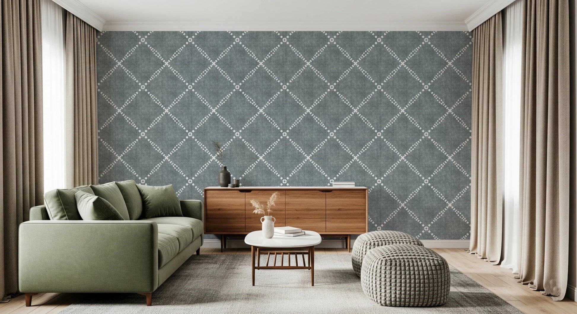 Boho Dotted Trellis Grunge Calming Blue Wallpaper⁠