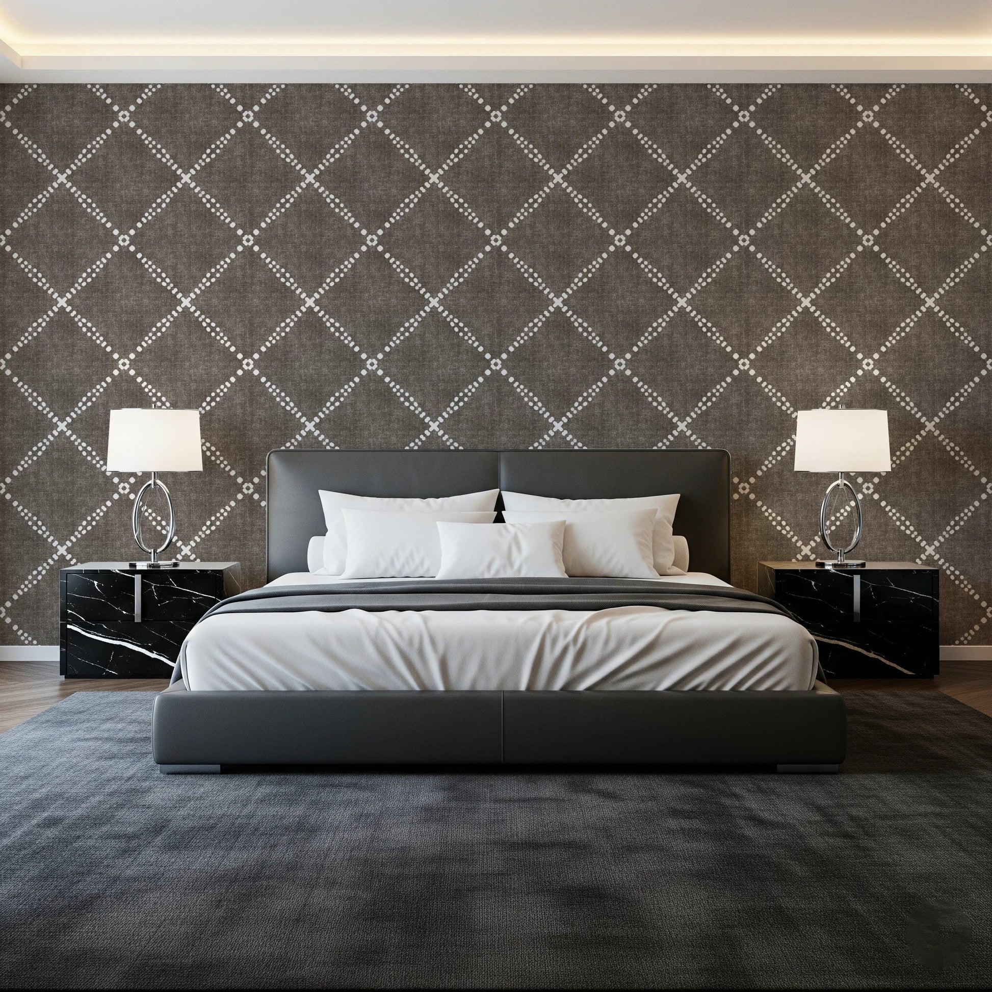 Boho Dotted Trellis Grunge Dark Bark Wallpaper⁠