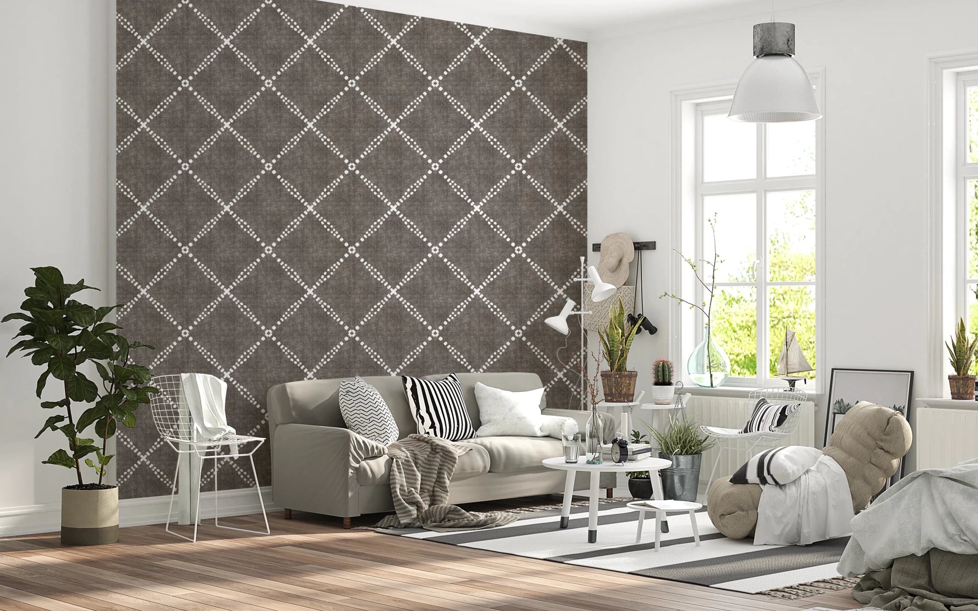 Boho Dotted Trellis Grunge Dark Bark Wallpaper⁠