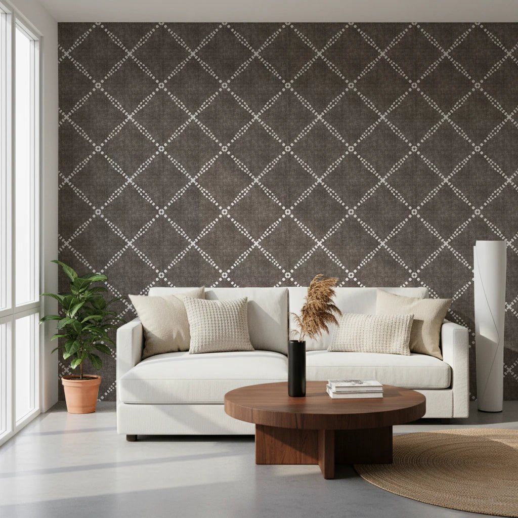 Boho Dotted Trellis Grunge Dark Bark Wallpaper⁠