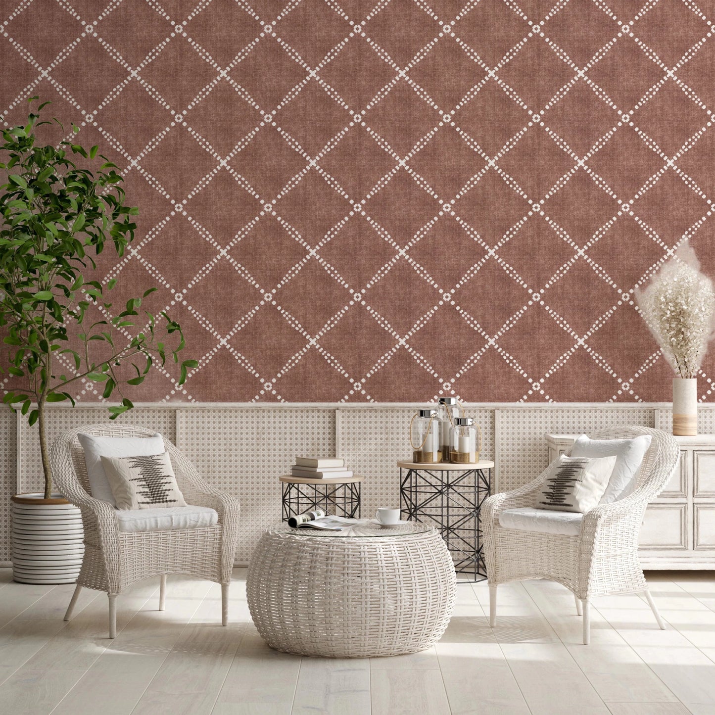 Boho Dotted Trellis Grunge Terracotta Red Wallpaper⁠