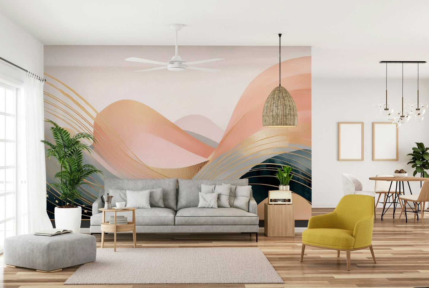Boho wave mural for serene, modern interiors

