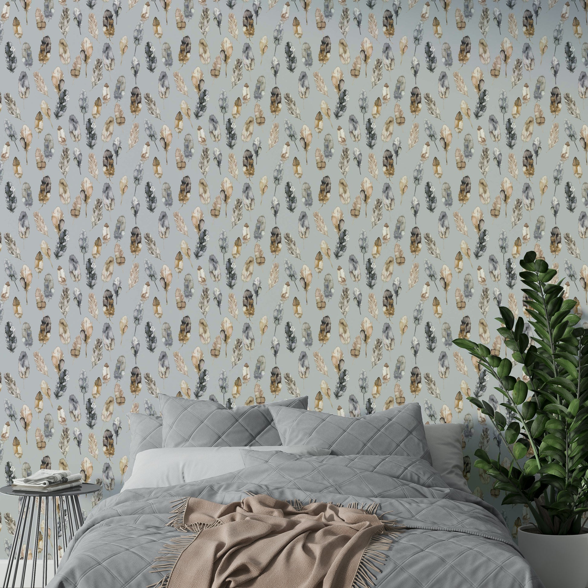 Metallic boho feathers wallpaper for modern decor

