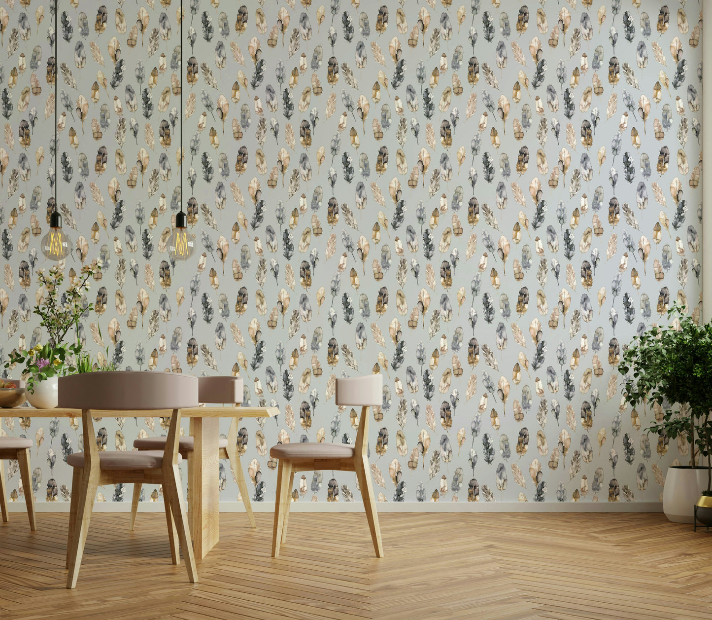 Artistic wallpaper featuring gold silver feathers

