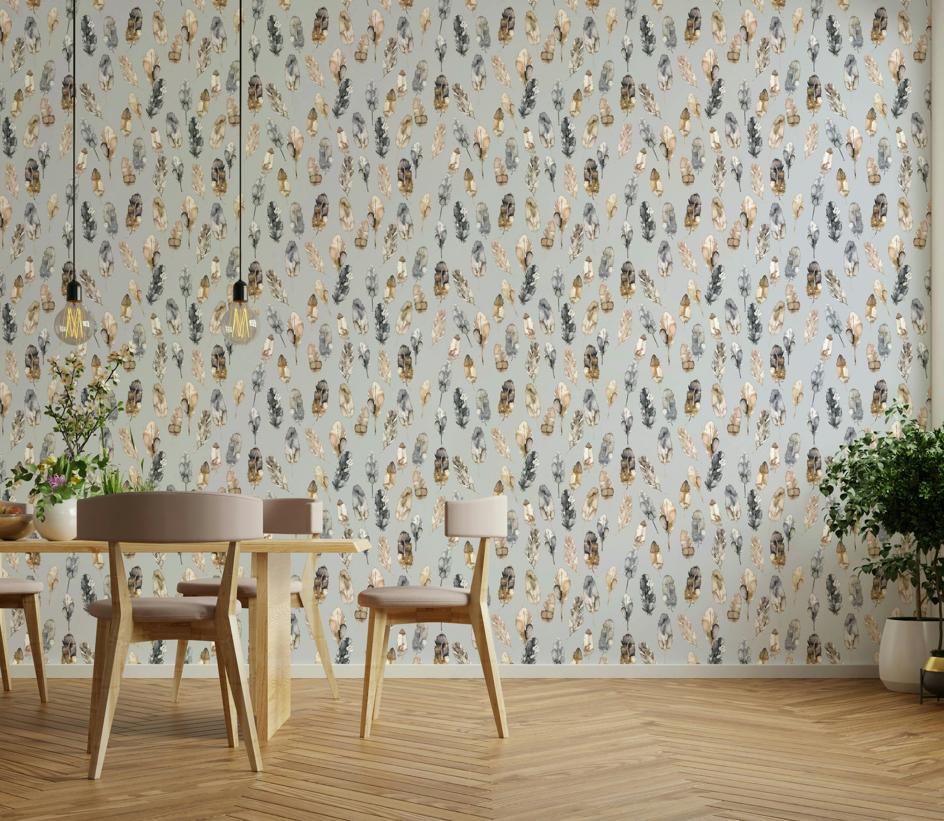 Artistic wallpaper featuring gold silver feathers

