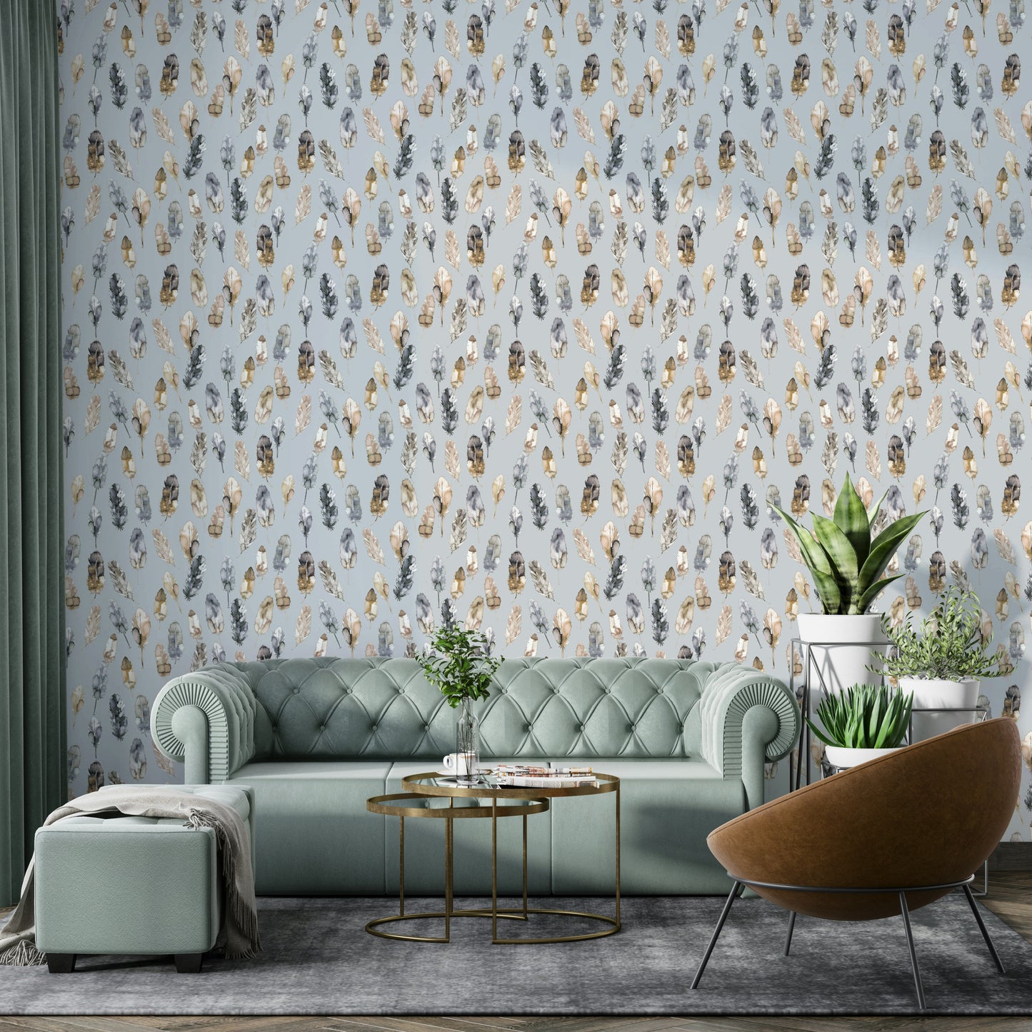 Elegant golden silver feathers on neutral background

