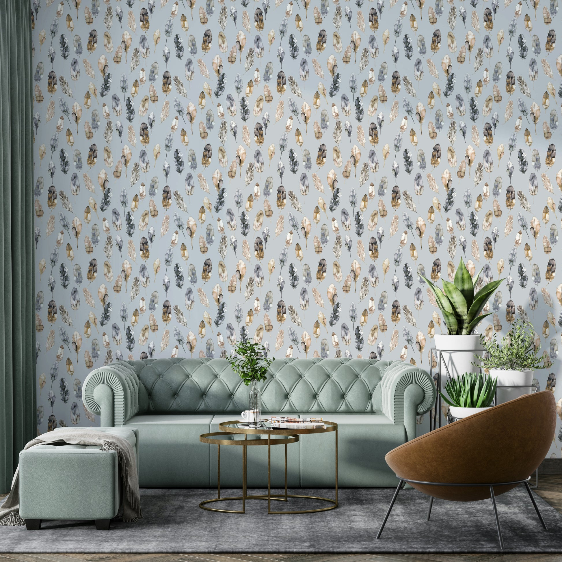 Elegant golden silver feathers on neutral background

