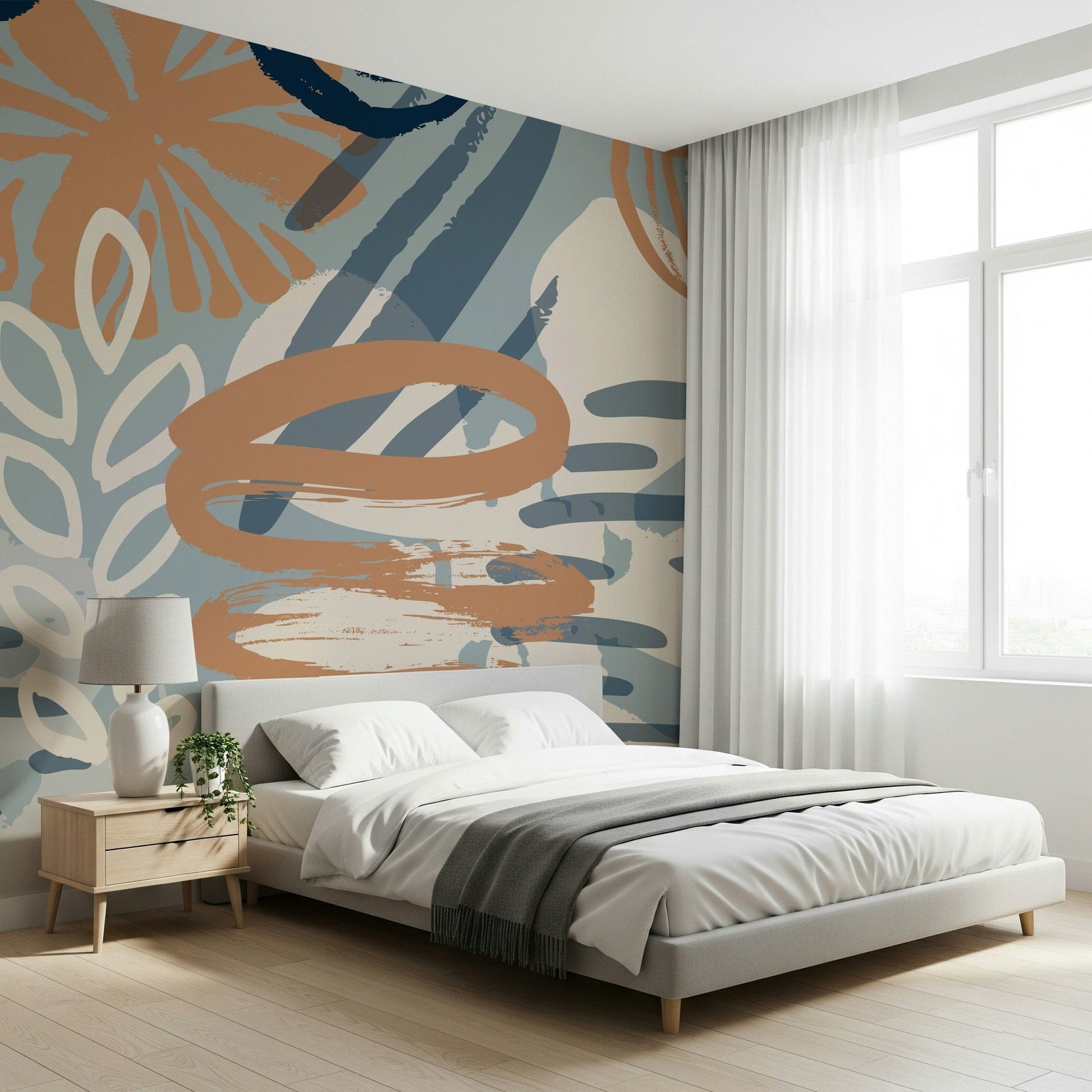An artistic abstract pattern mural on minimalist wallpaper.

