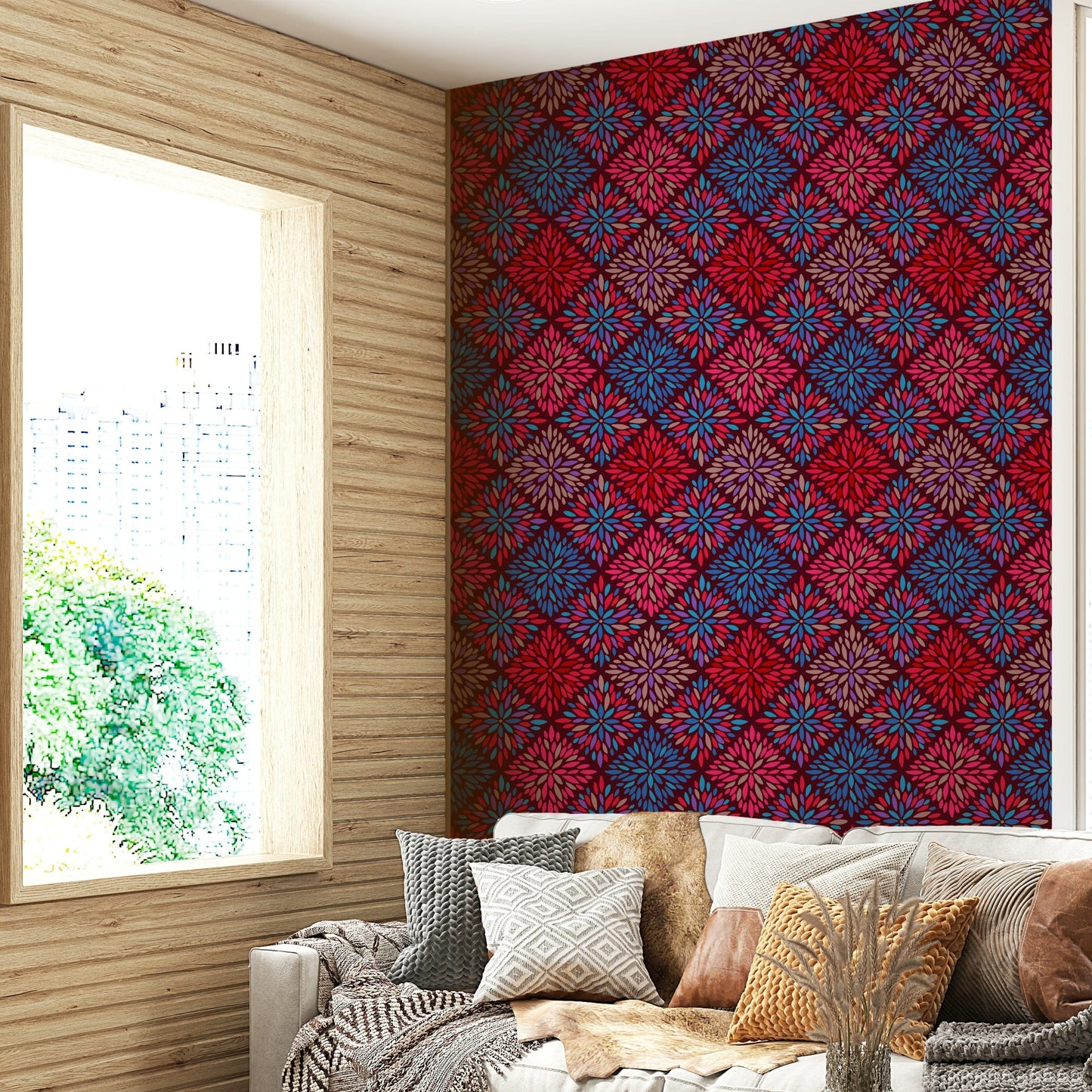 Dahlia Diamonds maximalist wall mural