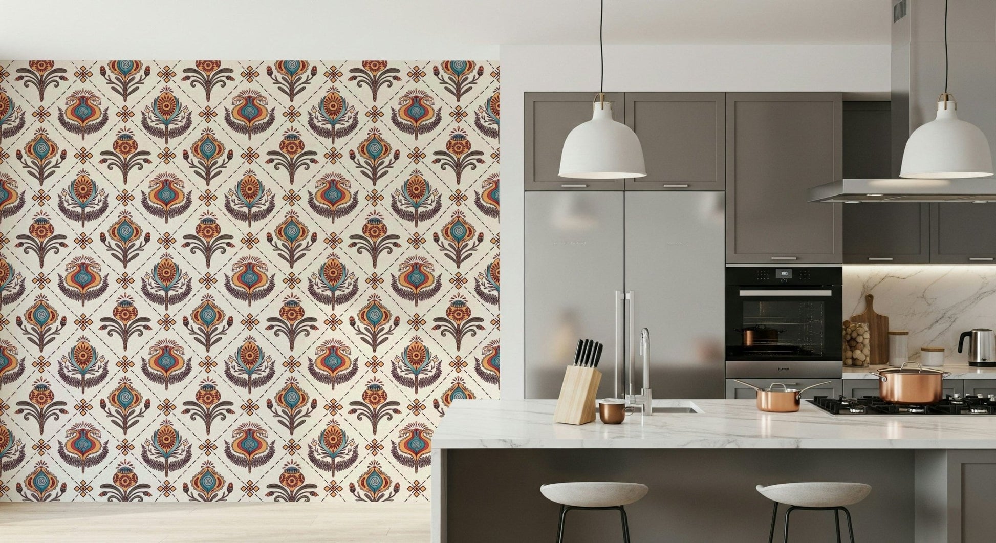 Artistic wallpaper mural with stylized boho flowers arranged in a repeating diamond framework.