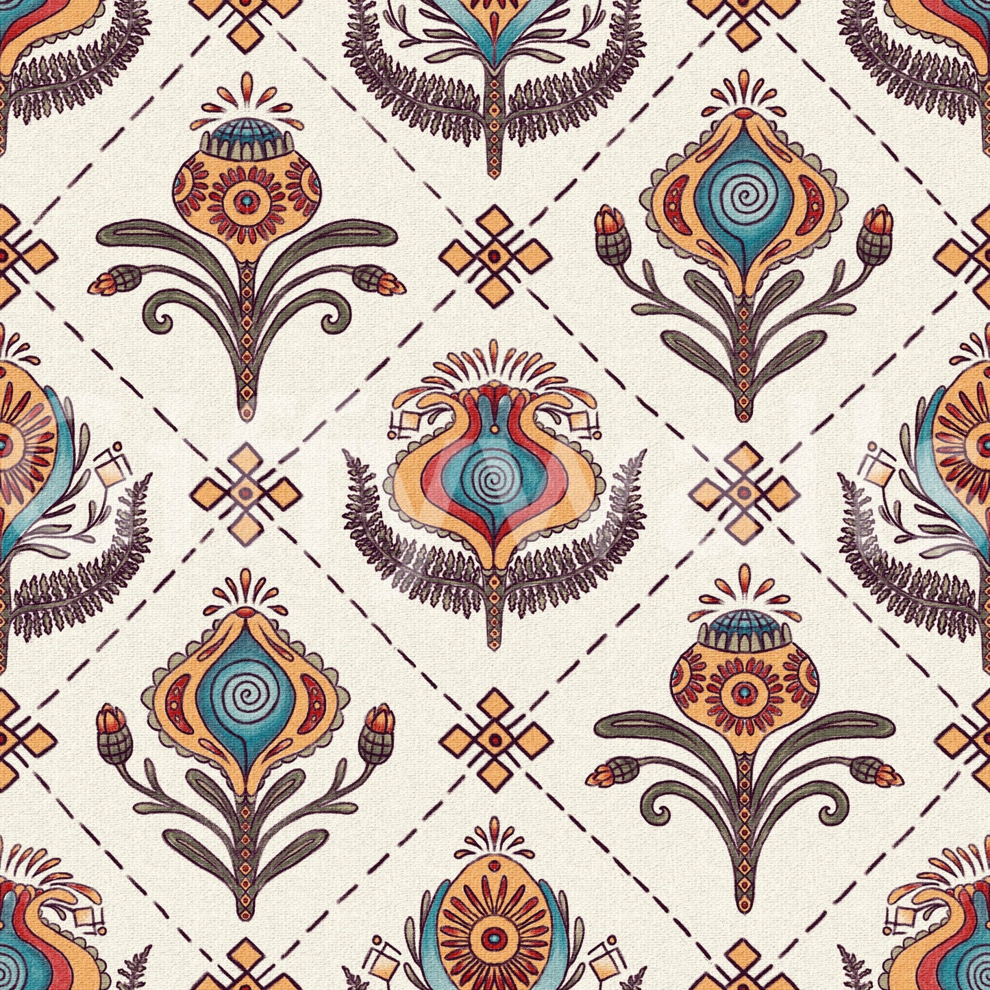 Repeating boho floral wallpaper featuring stylized blooms set within an even grid layout.