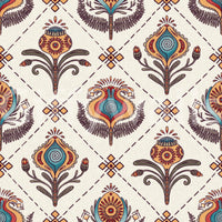 Repeating boho floral wallpaper featuring stylized blooms set within an even grid layout.