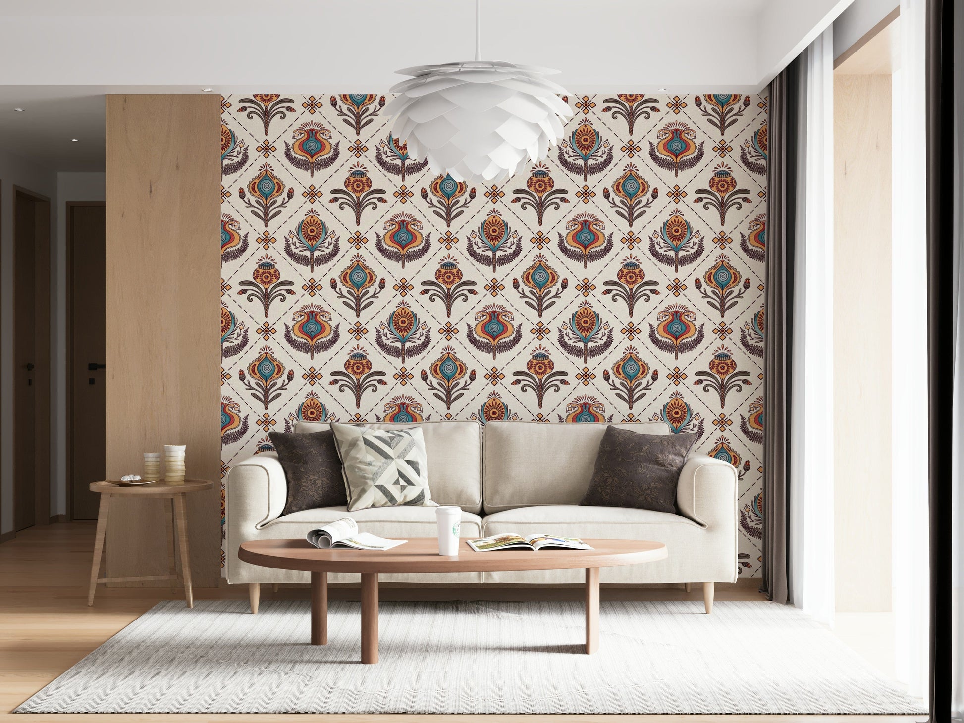 Retro bohemian wallpaper mural with teal, orange, and brown floral designs on a light backdrop.