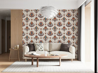 Retro bohemian wallpaper mural with teal, orange, and brown floral designs on a light backdrop.
