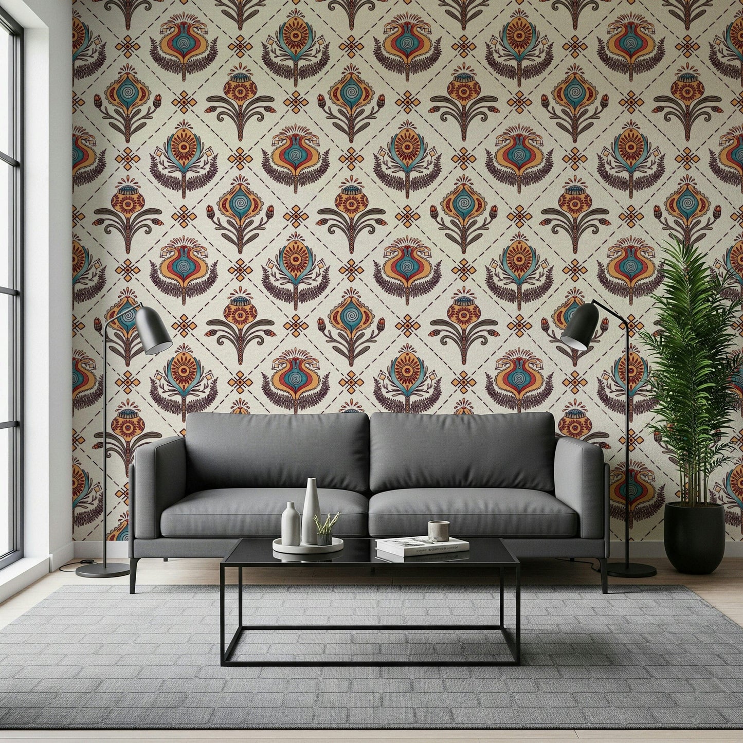Colorful Boho Floral Grid wallpaper with symmetrical botanical shapes and ornate details.