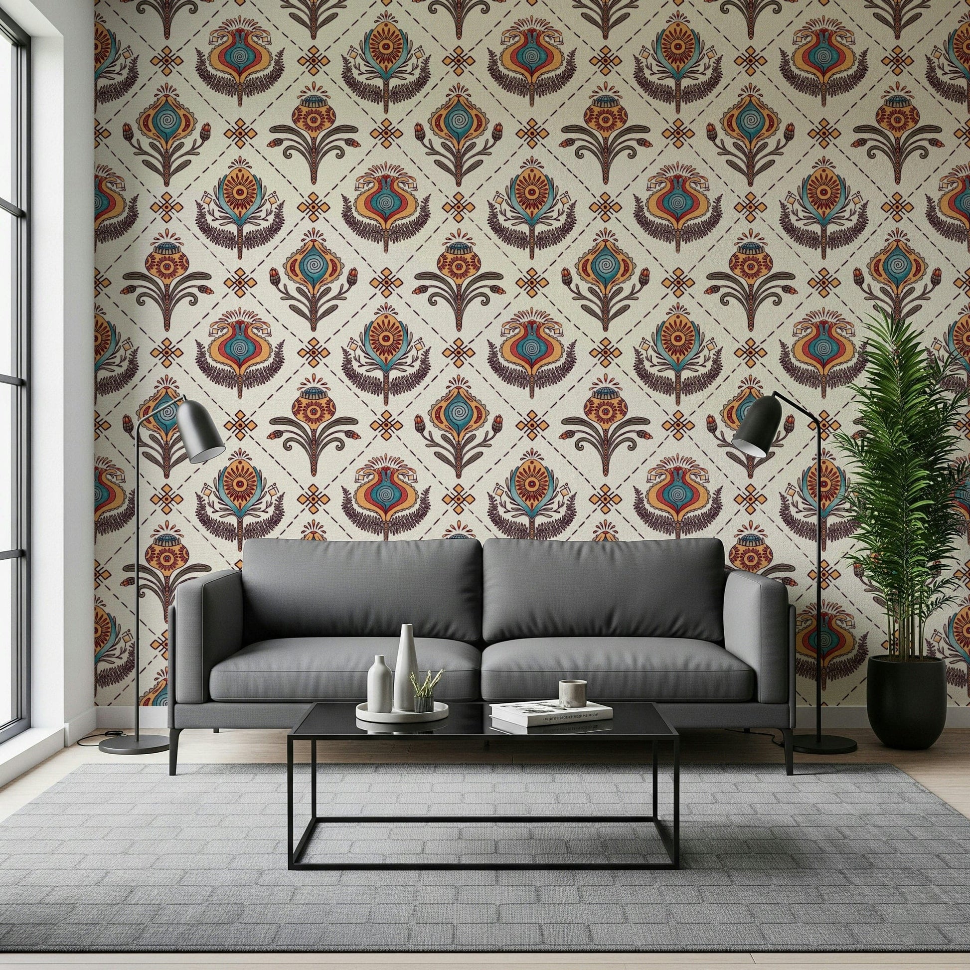 Colorful Boho Floral Grid wallpaper with symmetrical botanical shapes and ornate details.