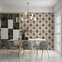 Boho-style wallpaper mural combining decorative flowers and geometric diamond accents.