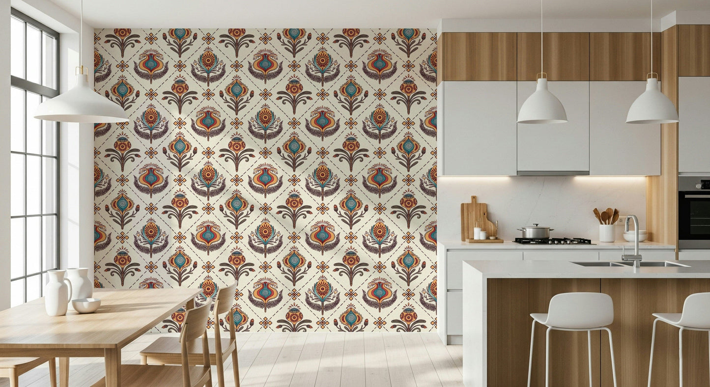 Patterned Boho Floral Grid wallpaper featuring detailed blooms and leaves in earthy tones.
