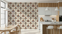 Patterned Boho Floral Grid wallpaper featuring detailed blooms and leaves in earthy tones.