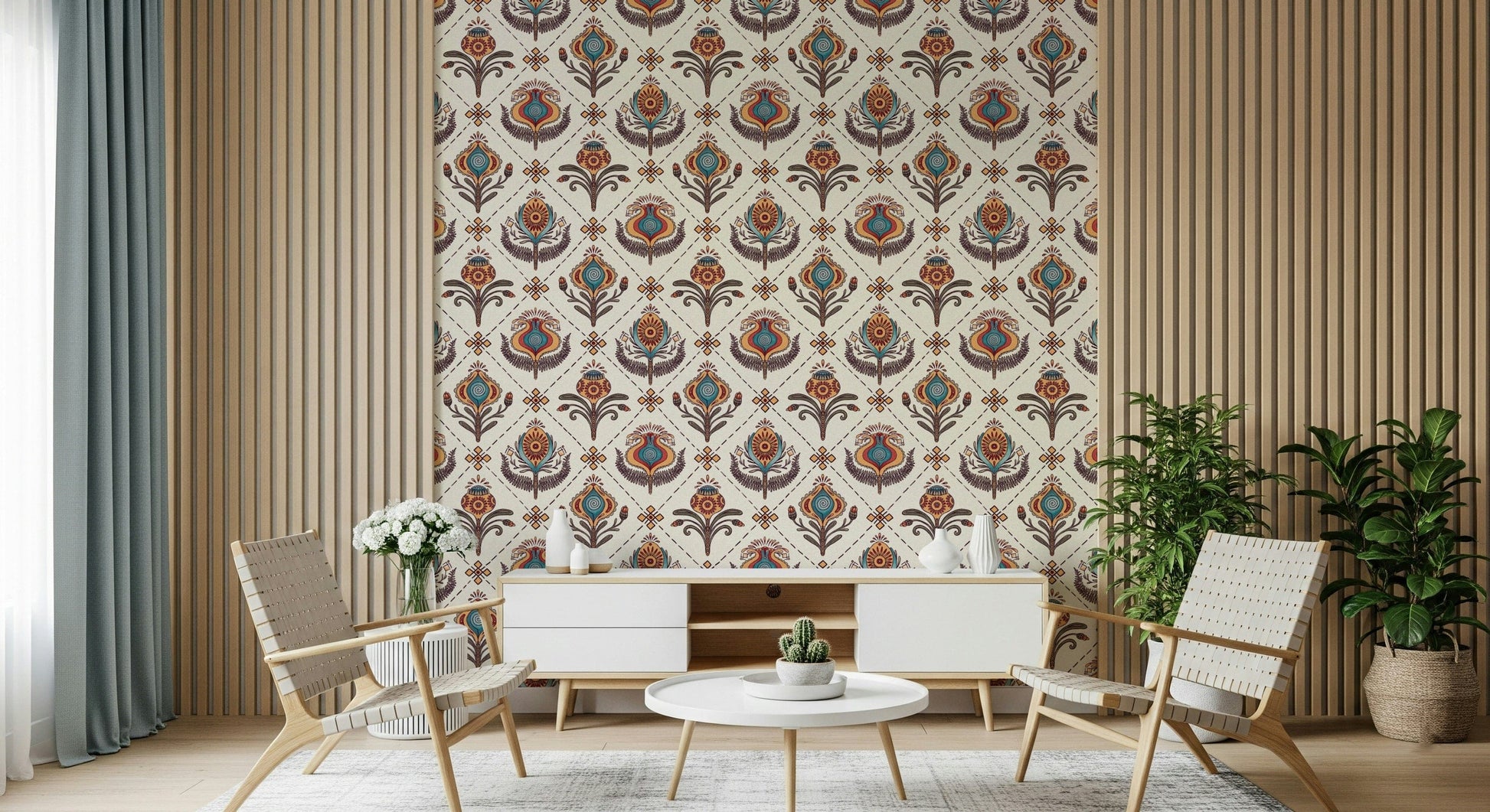 Decorative boho floral wallpaper showcasing repeating ornate floral emblems in a symmetrical grid.