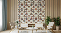 Decorative boho floral wallpaper showcasing repeating ornate floral emblems in a symmetrical grid.