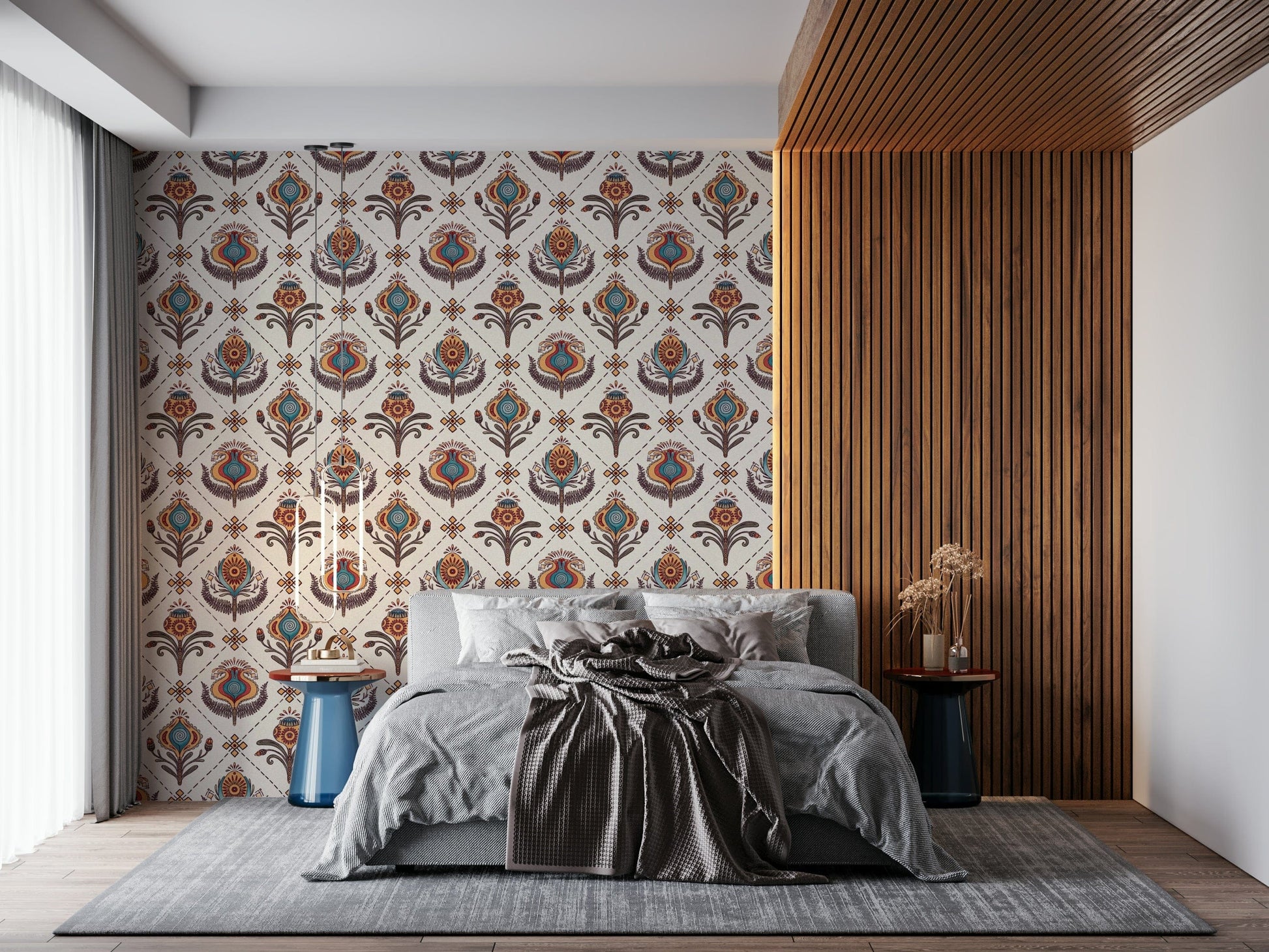 Vintage-inspired wallpaper mural with boho flowers in teal, orange, and brown on a cream background.