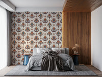 Vintage-inspired wallpaper mural with boho flowers in teal, orange, and brown on a cream background.