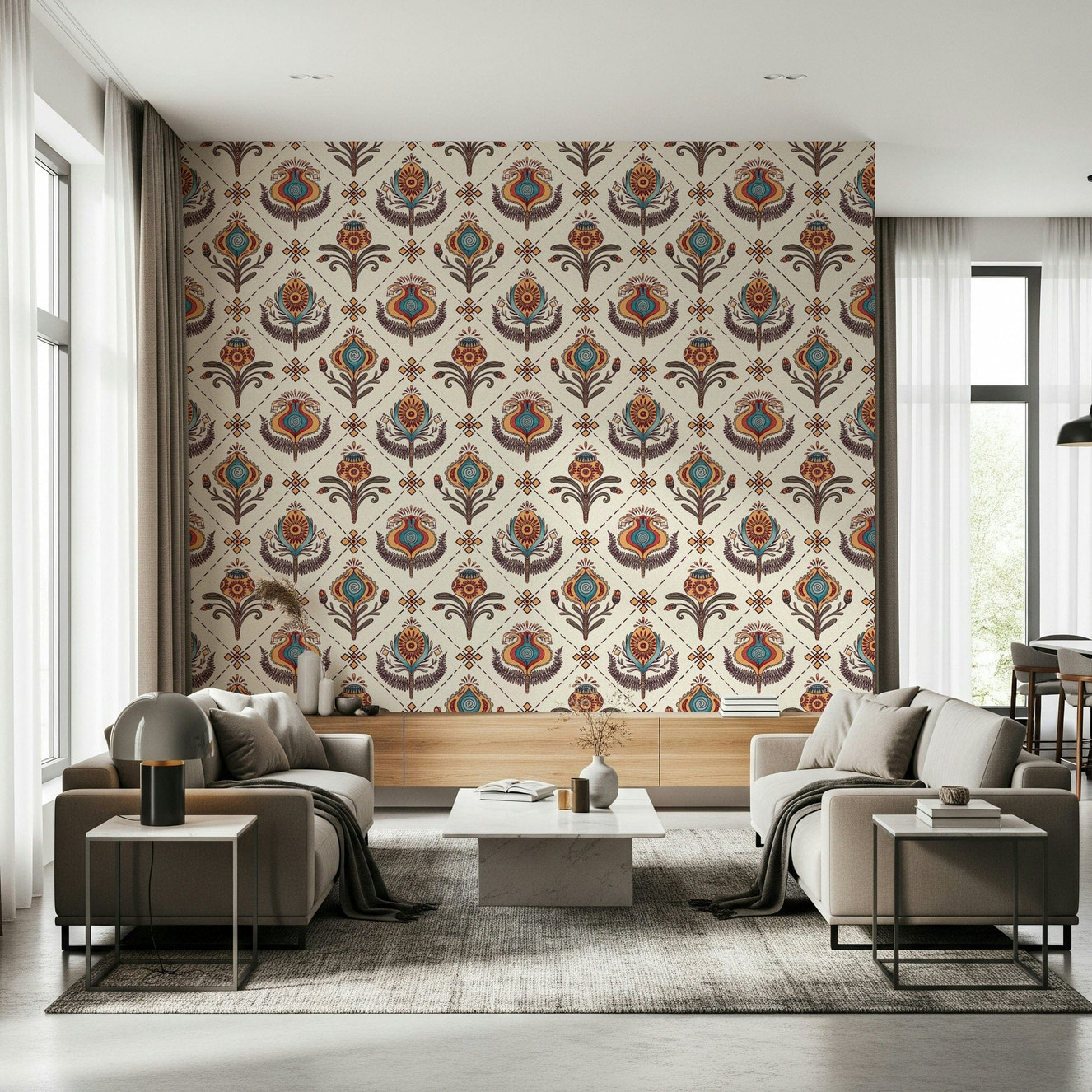Boho Floral Grid wallpaper featuring colorful stylized floral motifs arranged in a diamond grid pattern.