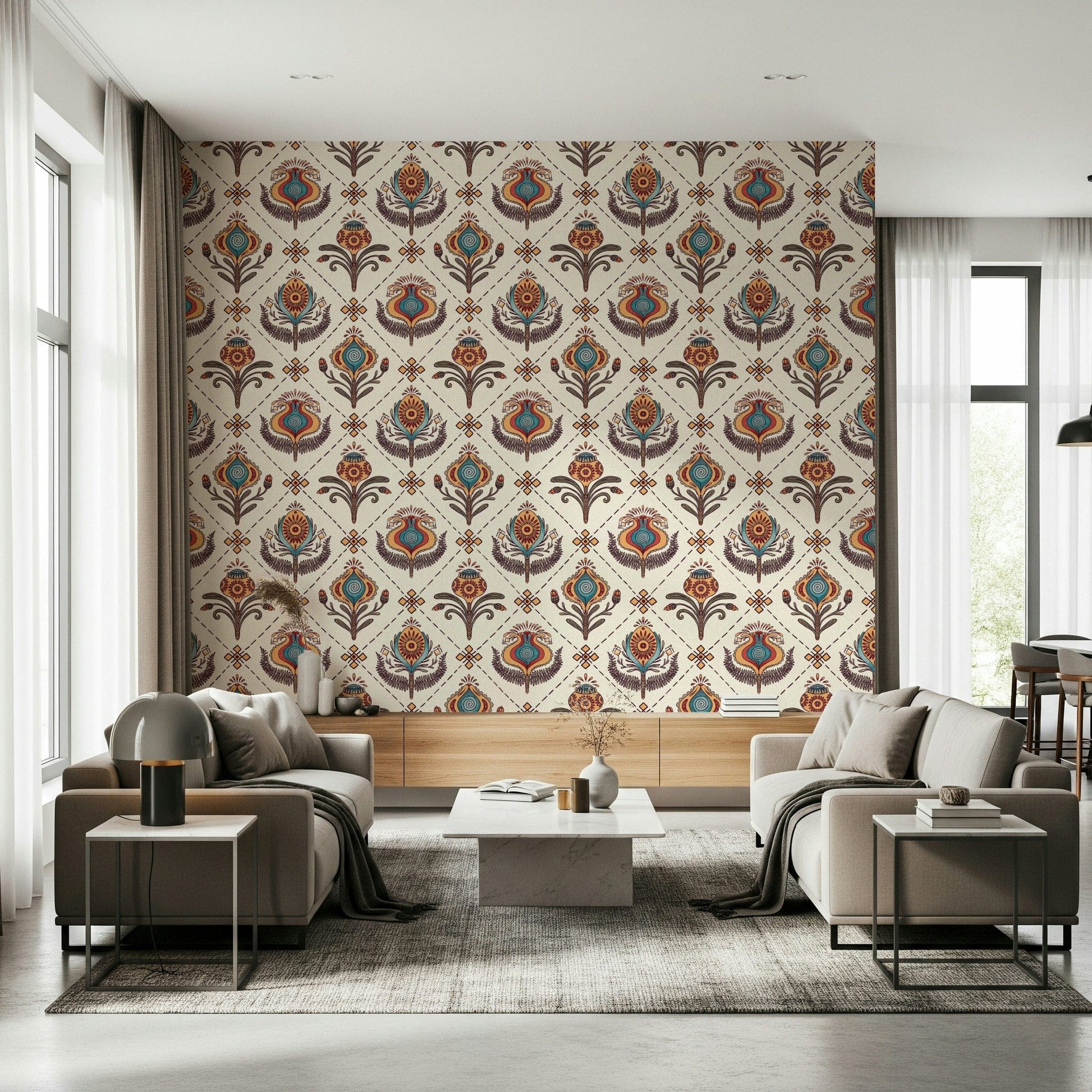 Boho Floral Grid wallpaper featuring colorful stylized floral motifs arranged in a diamond grid pattern.